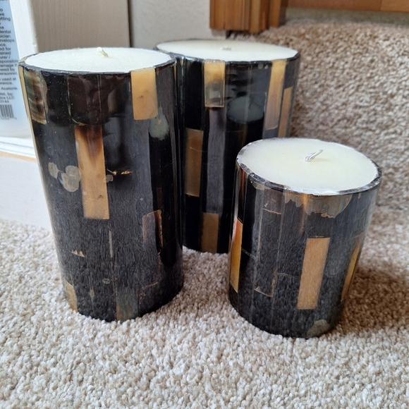 Crate&Barrel 3 Piece Black Horn Pillar Candle Set Unscented - Picture 1 of 8